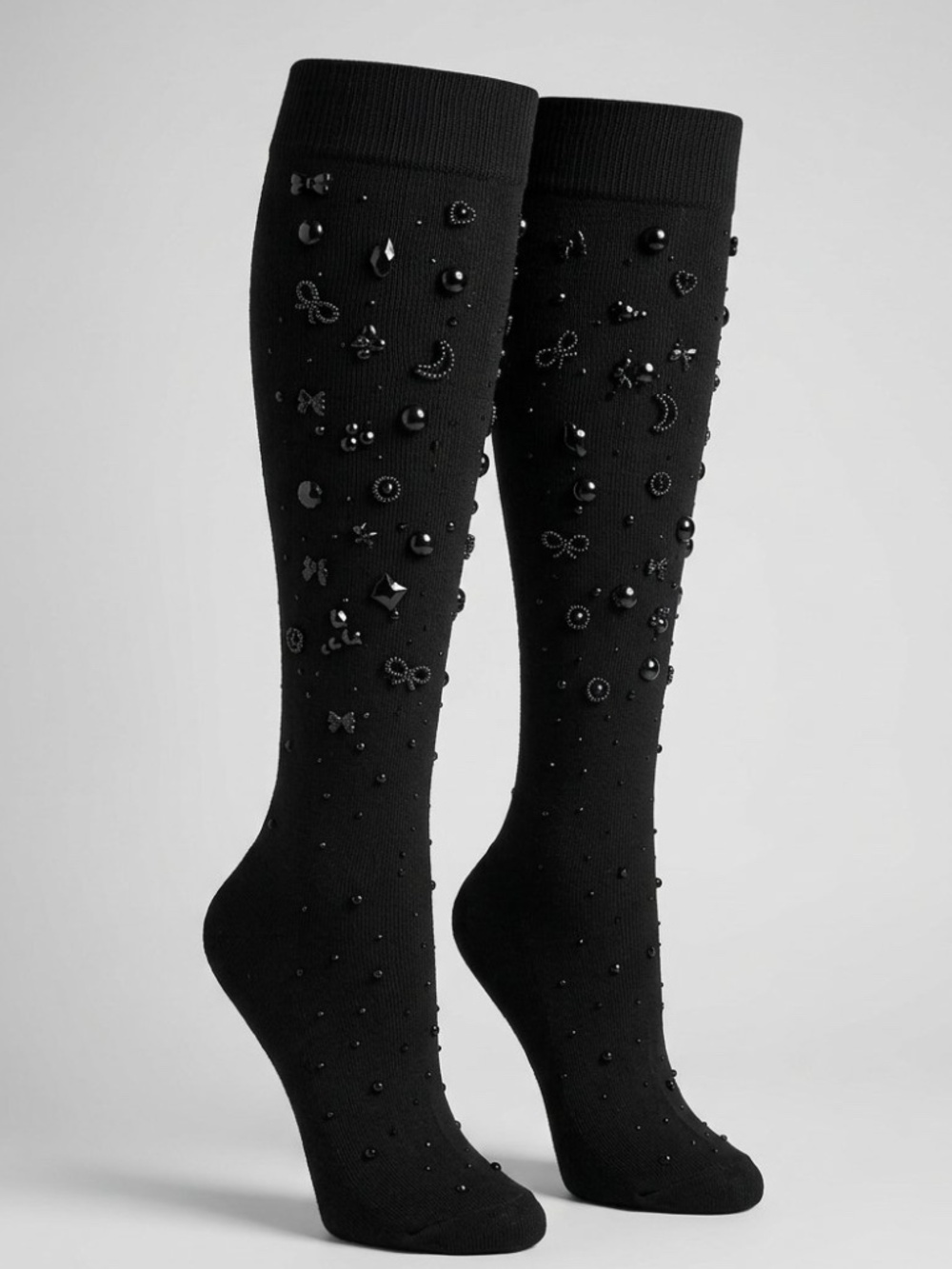 Luxury Embellished Knee-High Socks Black Beaded Pearl Rhinestone Statement